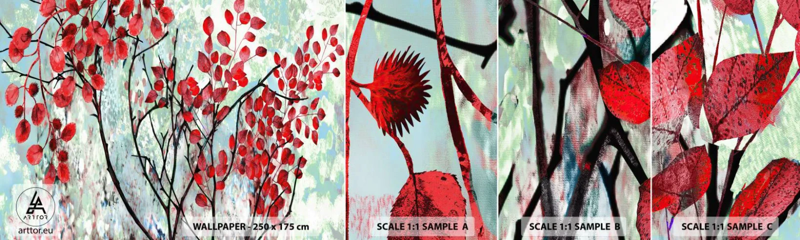 Campione Di Fotomurale Standard Eco - Albero in scarlatto - Astrazione, Foglie Rosse, Ramo - 100x30 cm