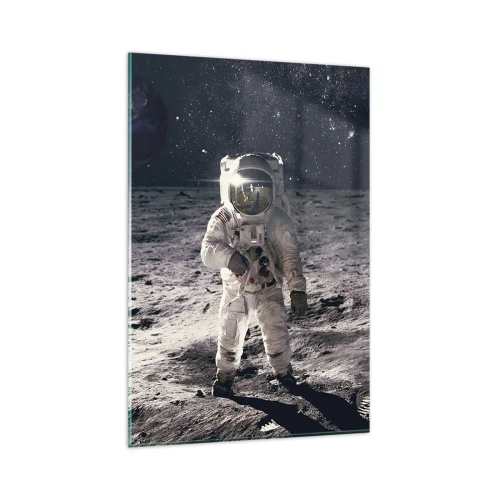 Quadro su vetro - Astronauta sulla superficie della Luna con la Terra sullo sfondo - 80x120cm - Saluti dalla luna - Decorazione murale moderna per soggiorno e camera da letto ARTTOR