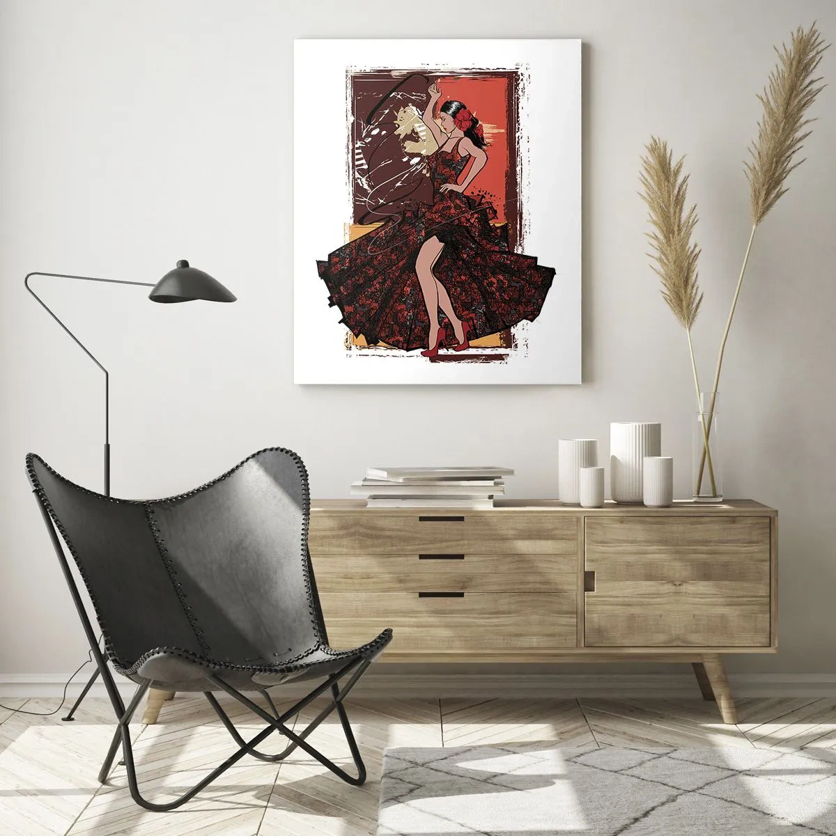 Quadro su vetro - Ballerina di flamenco in un elegante abito rosso e nero - 50x70cm - Al ritmo del cuore - Decorazione murale moderna per soggiorno e camera da letto ARTTOR