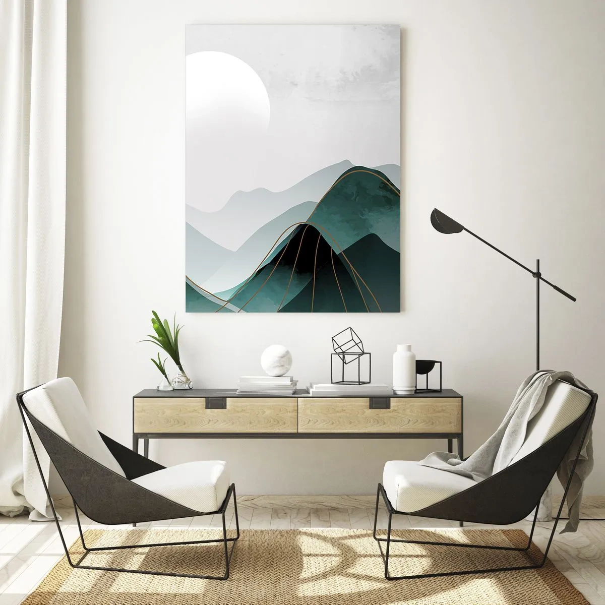 Quadro su vetro - Paesaggio montano astratto con la luna e linee dorate - 70x100cm - In tutta la maestà - Decorazione murale moderna per soggiorno e camera da letto ARTTOR