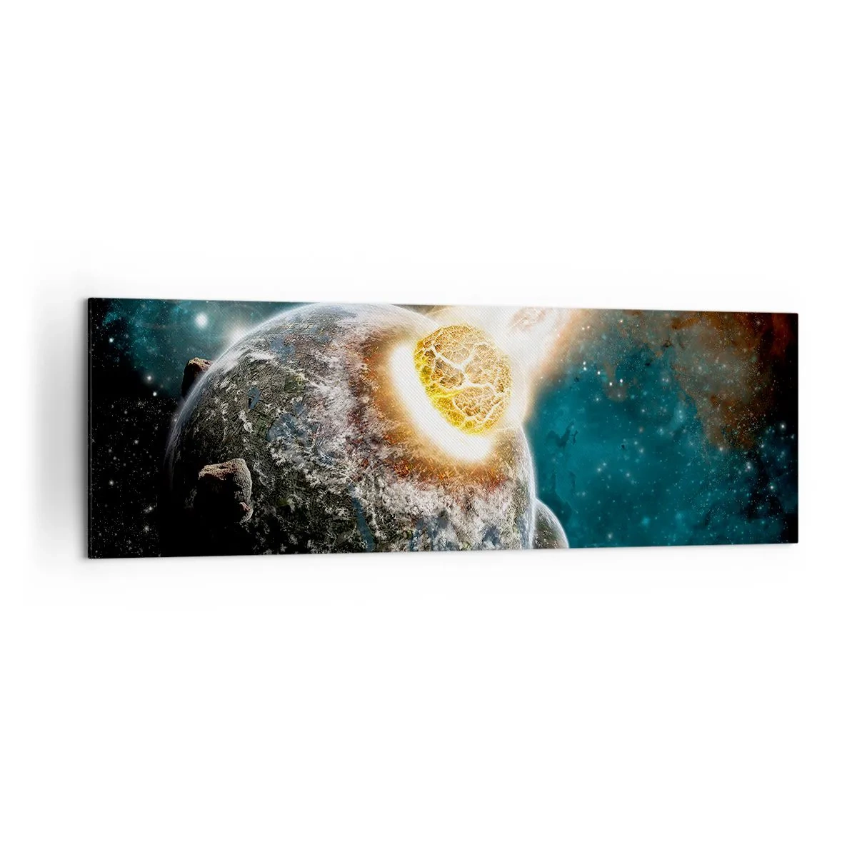 Quadro su tela - Stampe su Tela - Collisione cosmica di un pianeta con un asteroide nelle vicinanze della galassia. - 160x50cm - Estinzione o nascita? - Decorazione murale moderna per soggiorno e camera da letto ARTTOR