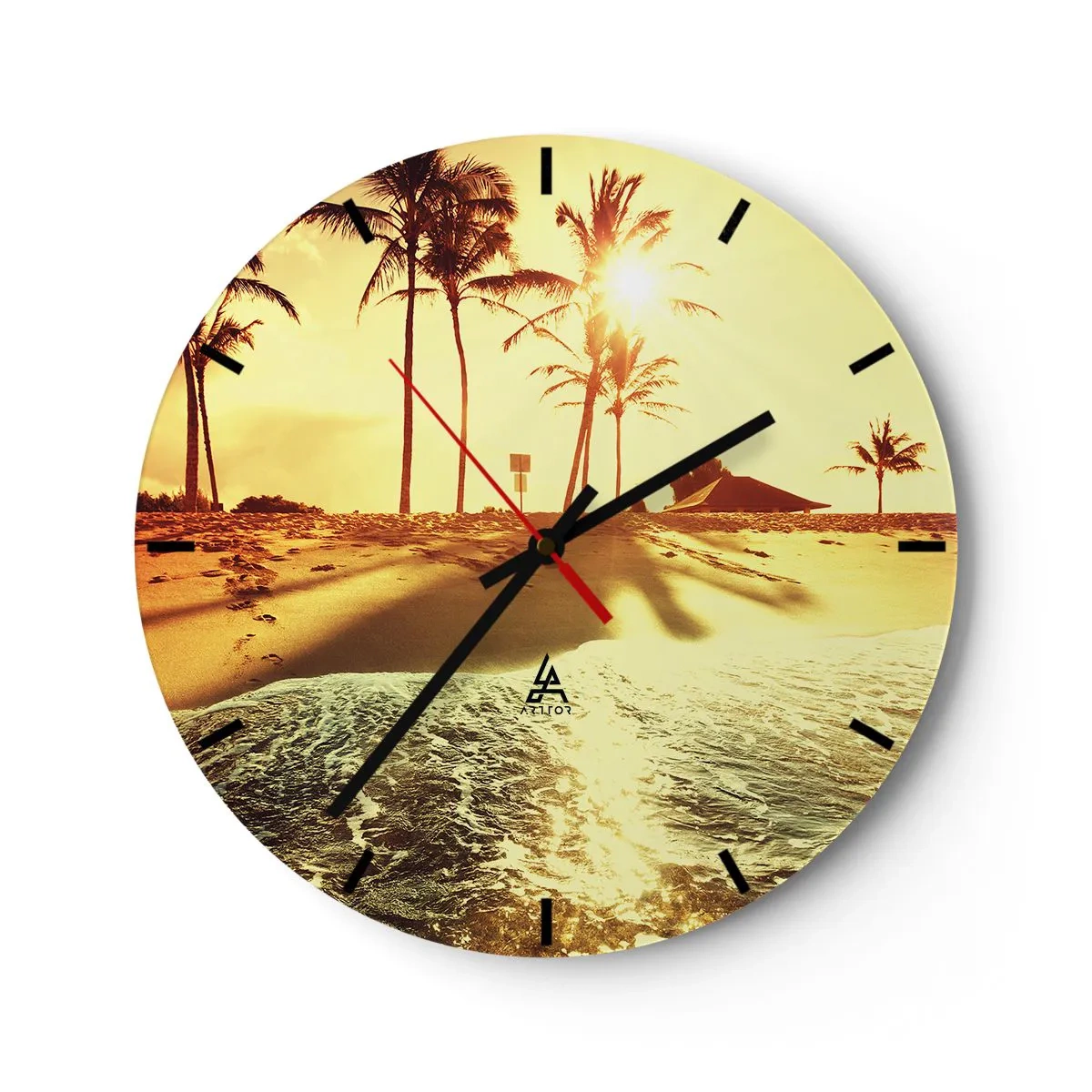Orologio da parete - Orologio in Vetro - Un quadrante di orologio con un motivo di spiaggia alla luce del sole al tramonto - 30x30cm - Pomeriggio in California - Decorazione murale moderna per soggiorno, cucina e camera da letto ARTTOR