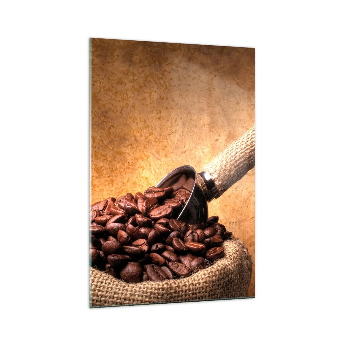 Quadro su vetro - Chicchi di caffè in un sacchetto di iuta con un cucchiaio di metallo - 70x100cm - Alla fonte del gusto - Decorazione murale moderna per soggiorno e camera da letto ARTTOR