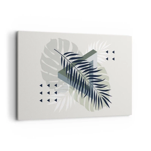 Quadro su tela - Stampe su Tela - Composizione geometrica con foglie tropicali nei toni del verde - 120x80cm - Natura e geometria: due ordini? - Decorazione murale moderna per soggiorno e camera da letto ARTTOR