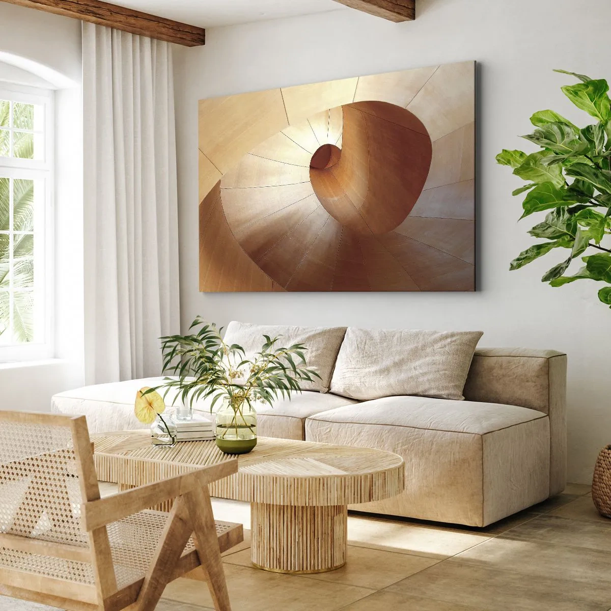 Quadro su tela - Stampe su Tela - Spirale astratta nei toni del legno e del marrone chiaro - 100x70cm - Serpentina architettonica - Decorazione murale moderna per soggiorno e camera da letto ARTTOR