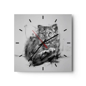Orologio da parete - Orologio in Vetro - Ritratto in bianco e nero di un leone in stile artistico con tratti dinamici. - 30x30cm - Si, ascolto attentamente - Decorazione murale moderna per soggiorno e camera da letto ARTTOR