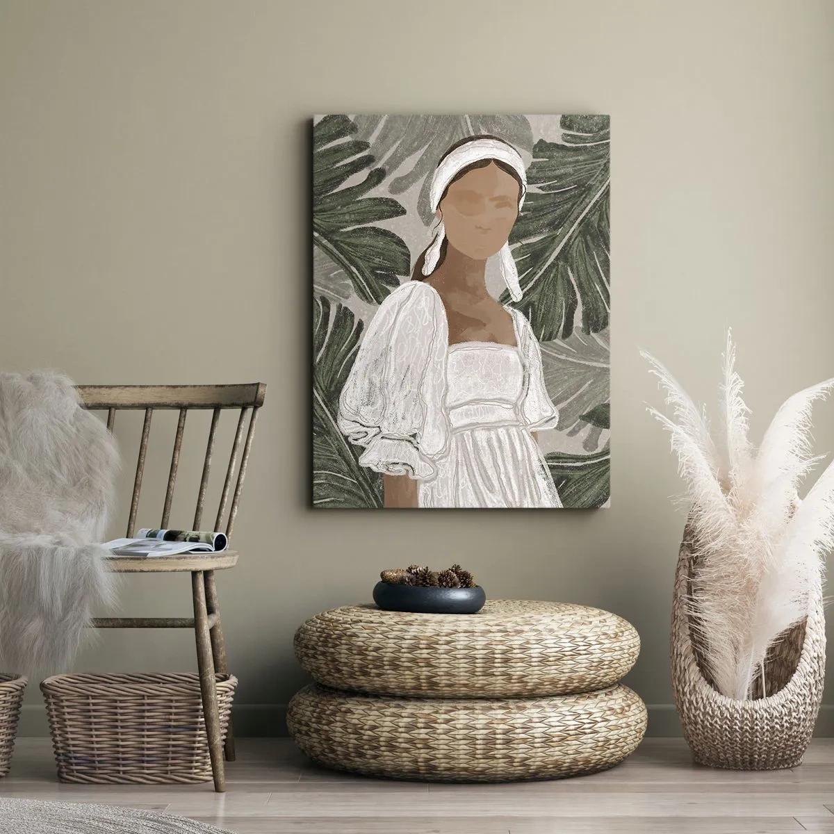 Quadro su tela - Stampe su Tela - Ritratto di una donna in abito bianco su uno sfondo di foglie di monstera - 80x120cm - Ritratto esotico - Decorazione murale moderna per soggiorno e camera da letto ARTTOR