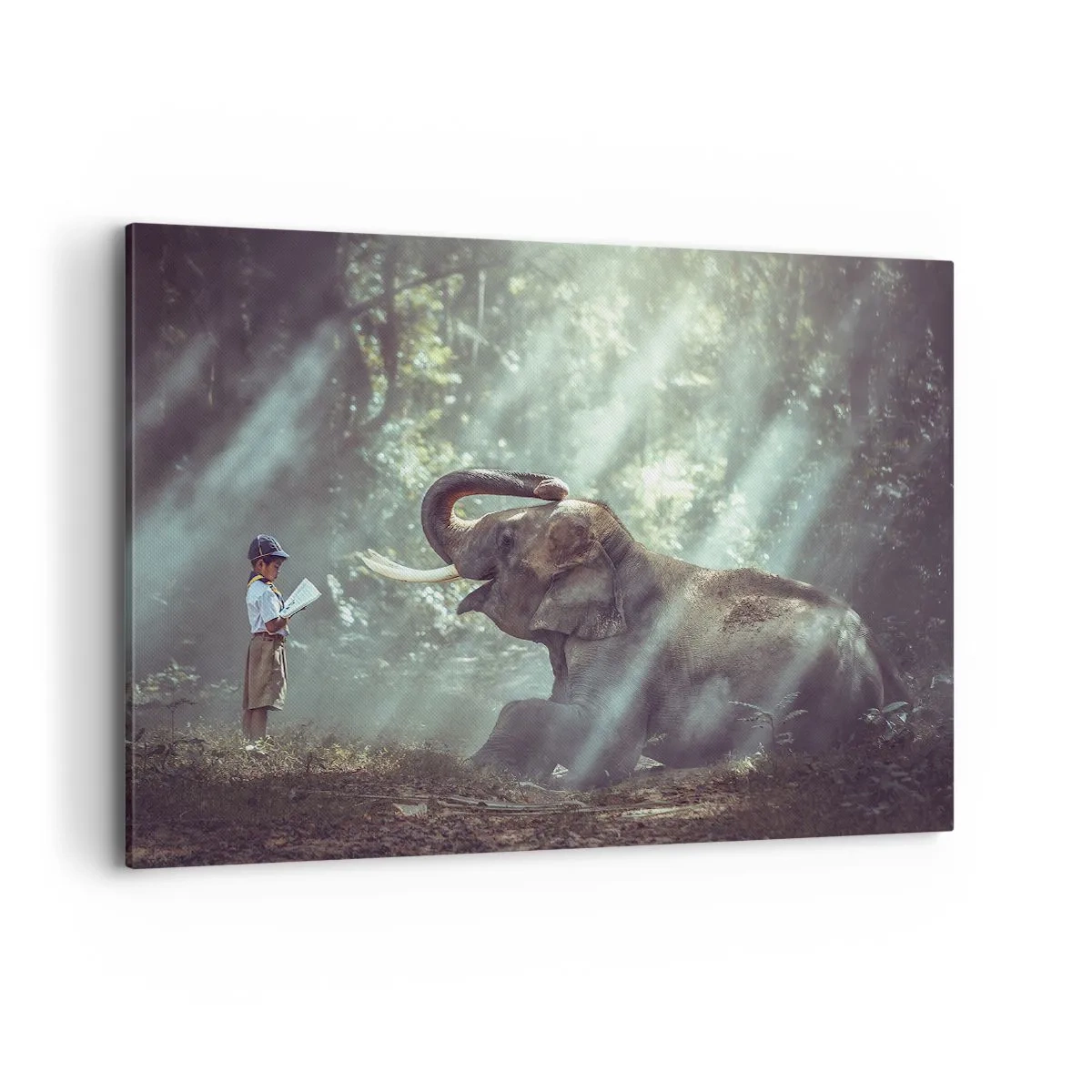 Quadro su tela - Stampe su Tela - Un ragazzo e un elefante in una foresta illuminata dalla luce del sole - 100x70cm - Ascoltalo… - Decorazione murale moderna per soggiorno e camera da letto ARTTOR