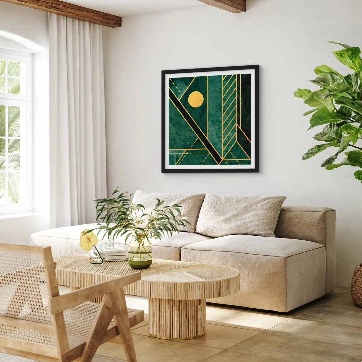 Poster in cornice nera - Dinamica di oro e azzurro - 50x50 cm