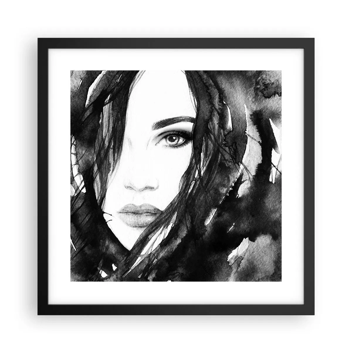 Poster in cornice nera - Ritratto di donna in bianco e nero - 40x40 cm
