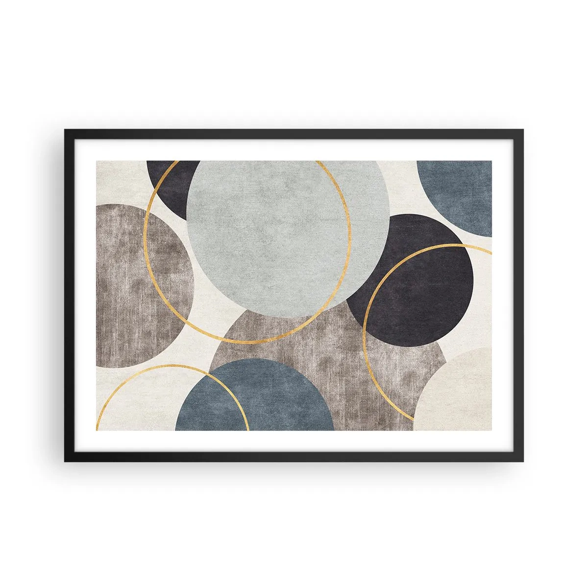 Poster in cornice nera - Cerchi geometrici nelle tonalità del grigio, blu e oro - 70x50cm - Un cerchio dietro l'altro - Decorazione murale moderna per soggiorno e camera da letto ARTTOR