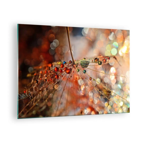 Quadro su vetro - Gocce d'acqua su una delicata ragnatela in luce bokeh - 70x50cm - Posate sulla ragnatela - Decorazione murale moderna per soggiorno e camera da letto ARTTOR
