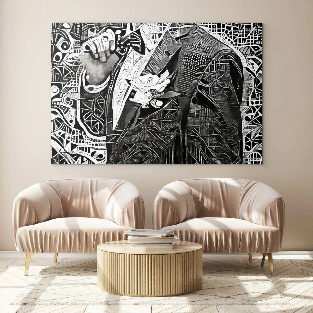 Quadro su vetro - Astrazione in bianco e nero con motivi geometrici - 120x80cm - Solo in apparenza un uomo grigio - Decorazione murale moderna per soggiorno e camera da letto ARTTOR