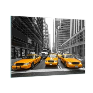 Quadro su vetro - Taxi gialli per le strade di New York - 100x70cm - Siamo noi che coloriamo la città - Decorazione murale moderna per soggiorno e camera da letto ARTTOR