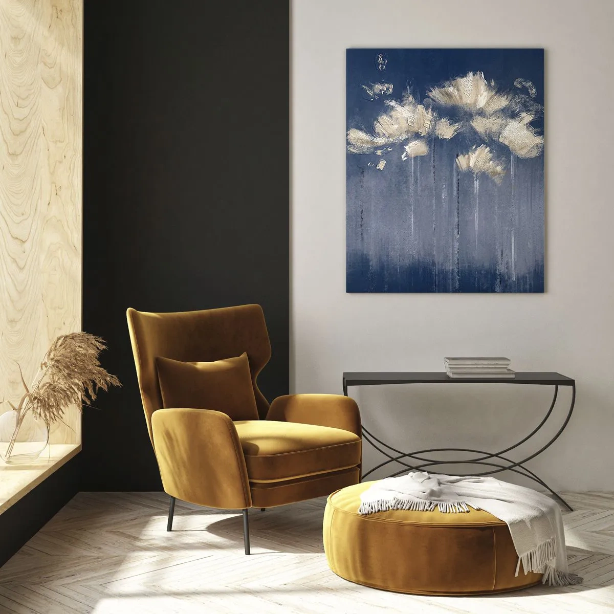 Quadro su vetro - Composizione floreale astratta in oro su sfondo blu navy - 50x70cm - Come petali al vento - Decorazione murale moderna per soggiorno e camera da letto ARTTOR