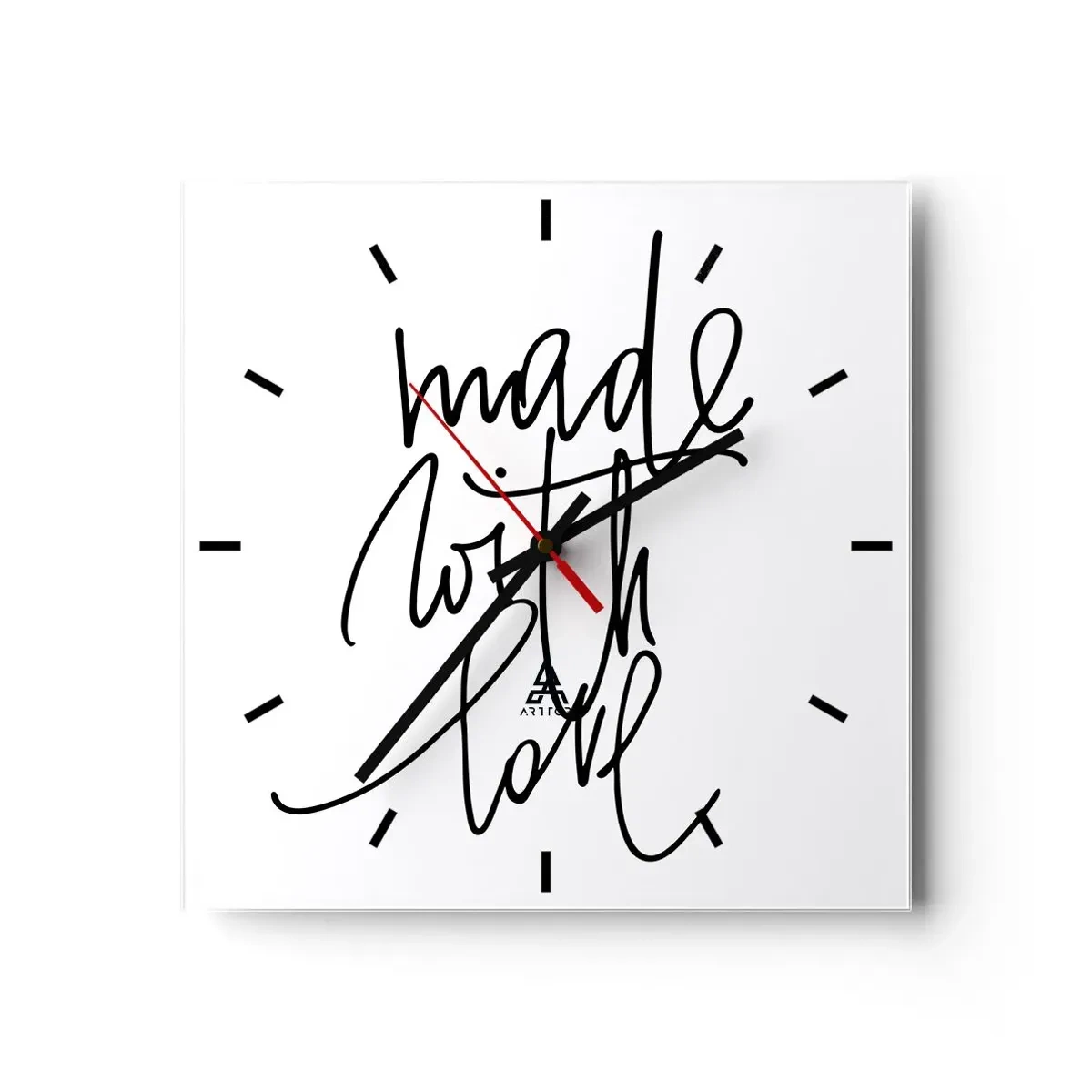 Orologio da parete - Orologio in Vetro - Scritta nera "Fatto con amore" su sfondo bianco - 30x30cm - La migliore marca - Decorazione murale moderna per soggiorno e camera da letto ARTTOR