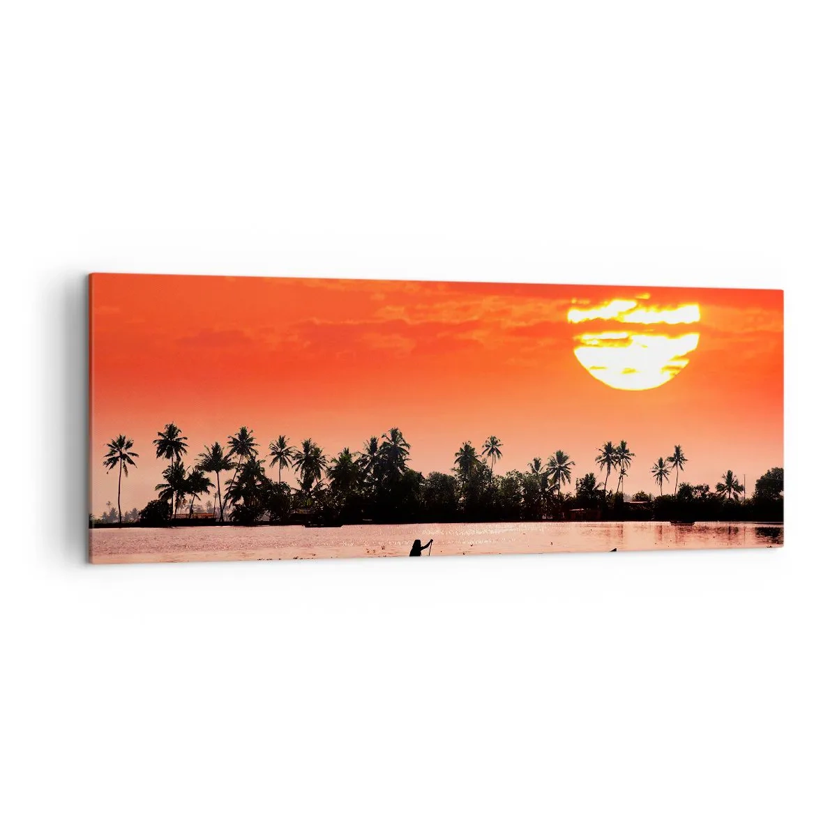 Quadro su tela - Stampe su Tela - Tramonto tropicale con una barca e palme sullo sfondo - 140x50cm - La calma dei tropici al tramonto - Decorazione murale moderna per soggiorno e camera da letto ARTTOR
