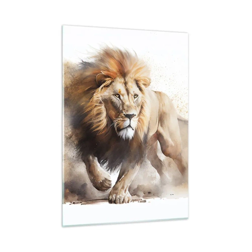 Quadro su vetro - Uno scatto dinamico in stile acquerello di un leone che corre - 50x70cm - Il re si è mosso - Decorazione murale moderna per soggiorno e camera da letto ARTTOR