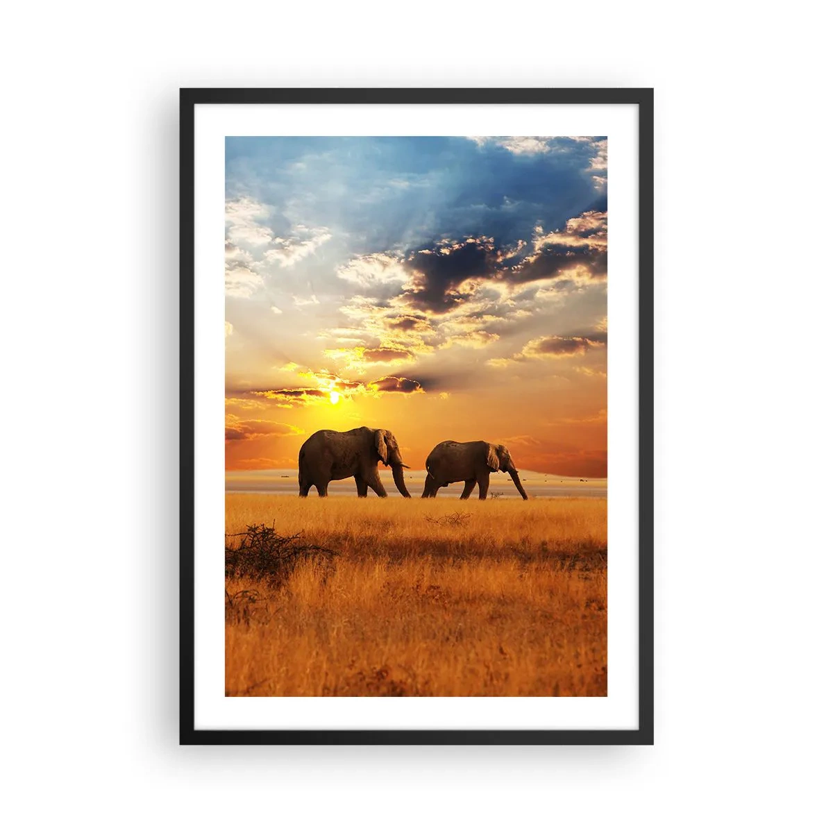 Poster in cornice nera - Elefanti che camminano al chiarore del sole al tramonto - 50x70cm - Passeggiata familiare - Decorazione murale moderna per soggiorno e camera da letto ARTTOR