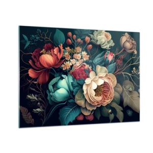Quadro su vetro - Bouquet di fiori vintage su sfondo scuro - 70x50cm - Il fascino del 19esimo secolo - Decorazione murale moderna per soggiorno e camera da letto ARTTOR
