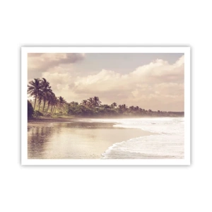 Poster - Una spiaggia con palme e onde dolci al mattino - 100x70cm - La carezza delle onde - Decorazione murale moderna per soggiorno e camera da letto ARTTOR