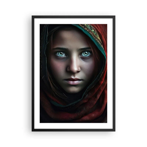 Poster in cornice nera - Ritratto di una ragazza con uno scialle rosso e occhi ipnotizzanti - 50x70cm - Principessa d'oriente - Decorazione murale moderna per soggiorno e camera da letto ARTTOR