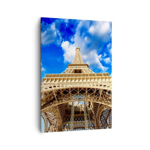 Quadro su tela - Stampe su Tela - La Torre Eiffel dal basso contro un cielo blu - 70x100cm - Toccare il cielo e le nuvole - Decorazione murale moderna per soggiorno e camera da letto ARTTOR