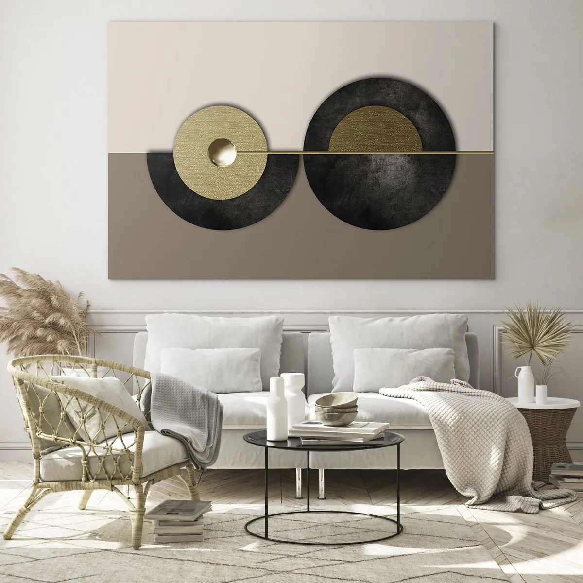 Quadro su vetro - Cerchi geometrici in oro e nero su sfondo beige - 100x70cm - Variazioni attorno al cerchio - Decorazione murale moderna per soggiorno e camera da letto ARTTOR