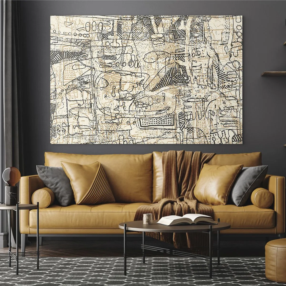 Quadro su vetro - Una struttura astratta complessa con motivi geometrici e abbozzati. - 100x70cm - In attesa di essere decifrato - Decorazione murale moderna per soggiorno e camera da letto ARTTOR