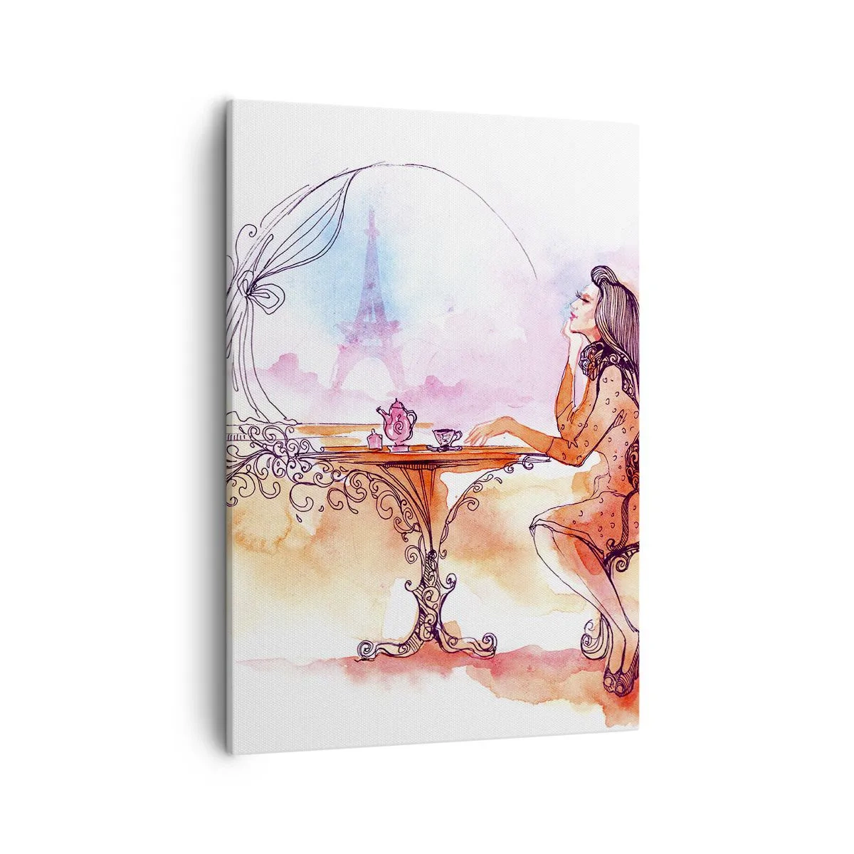Quadro su tela - Stampe su Tela - Acquerello romantico di una donna in un caffè con vista su una torre - 50x70cm - Chic parigino - Decorazione murale moderna per soggiorno e camera da letto ARTTOR
