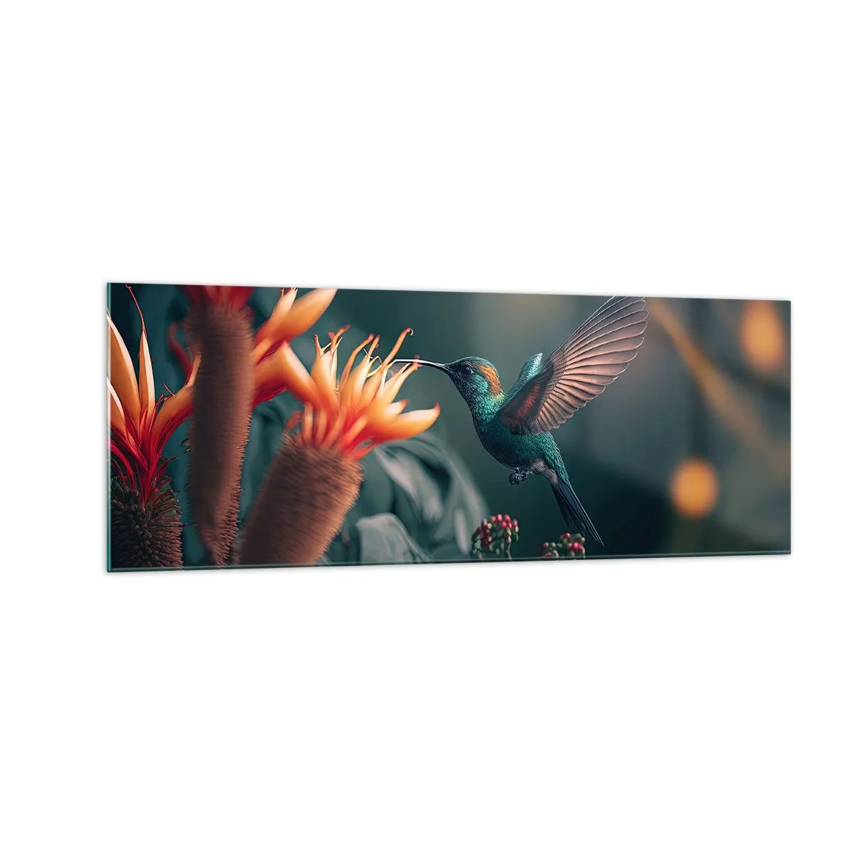 Quadro su vetro - Un colibrì colorato tra i fiori su uno sfondo naturale - 140x50cm - Una vita davvero a colori - Decorazione murale moderna per soggiorno e camera da letto ARTTOR