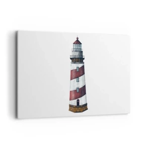 Quadro su tela - Stampe su Tela - Immagine cartoon di un faro con strisce rosse e bianche su uno sfondo minimalista. - 120x80cm - Sempre di guardia - Decorazione murale moderna per soggiorno e camera da letto ARTTOR
