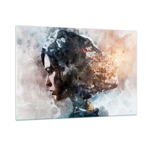 Quadro su vetro - Profilo di una donna in stile acquerello con una città sullo sfondo. - 120x80cm - Racconto su una ragazza con città sullo sfondo - Decorazione murale moderna per soggiorno e camera da letto ARTTOR
