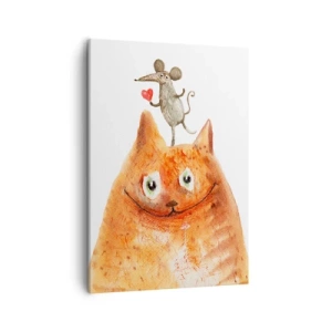 Quadro su tela - Stampe su Tela - Un disegno di un gatto con un topo sulla testa che tiene un cuore - 50x70cm - I paradossi dell'amore - Decorazione murale moderna per soggiorno e camera da letto ARTTOR