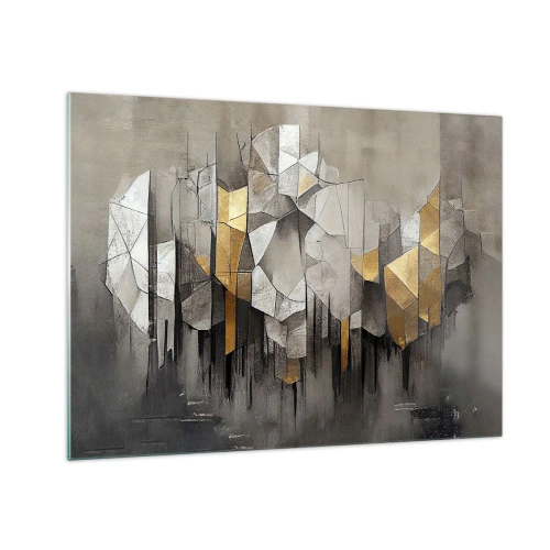 Quadro su vetro - Forme astratte nelle tonalità del grigio, bianco e oro - 70x50cm - Composizione di ghiaccio e luce - Decorazione murale moderna per soggiorno e camera da letto ARTTOR