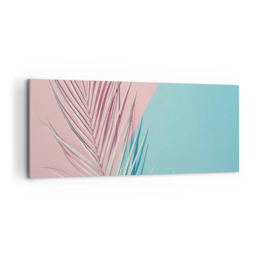 Quadro su tela - Stampe su Tela - Foglia tropicale su uno sfondo di tonalità pastello di rosa e blu - 120x50cm - Impressione tropicale - Decorazione murale moderna per soggiorno e camera da letto ARTTOR