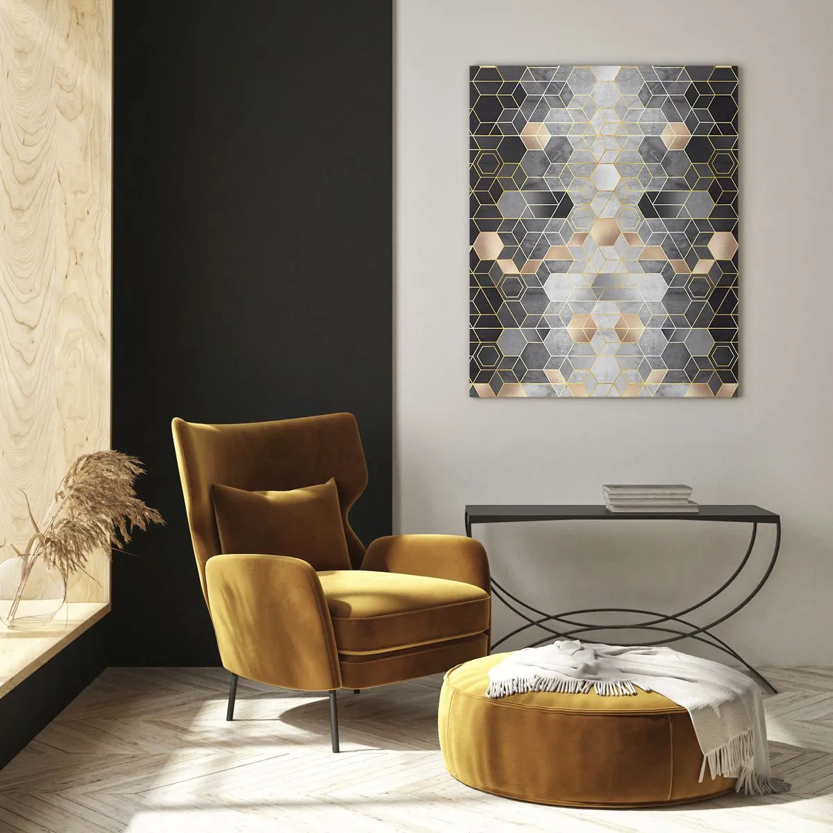 Quadro su vetro - Motivo geometrico di esagoni in linee dorate - 50x70cm - Composizione di diamante - Decorazione murale moderna per soggiorno e camera da letto ARTTOR