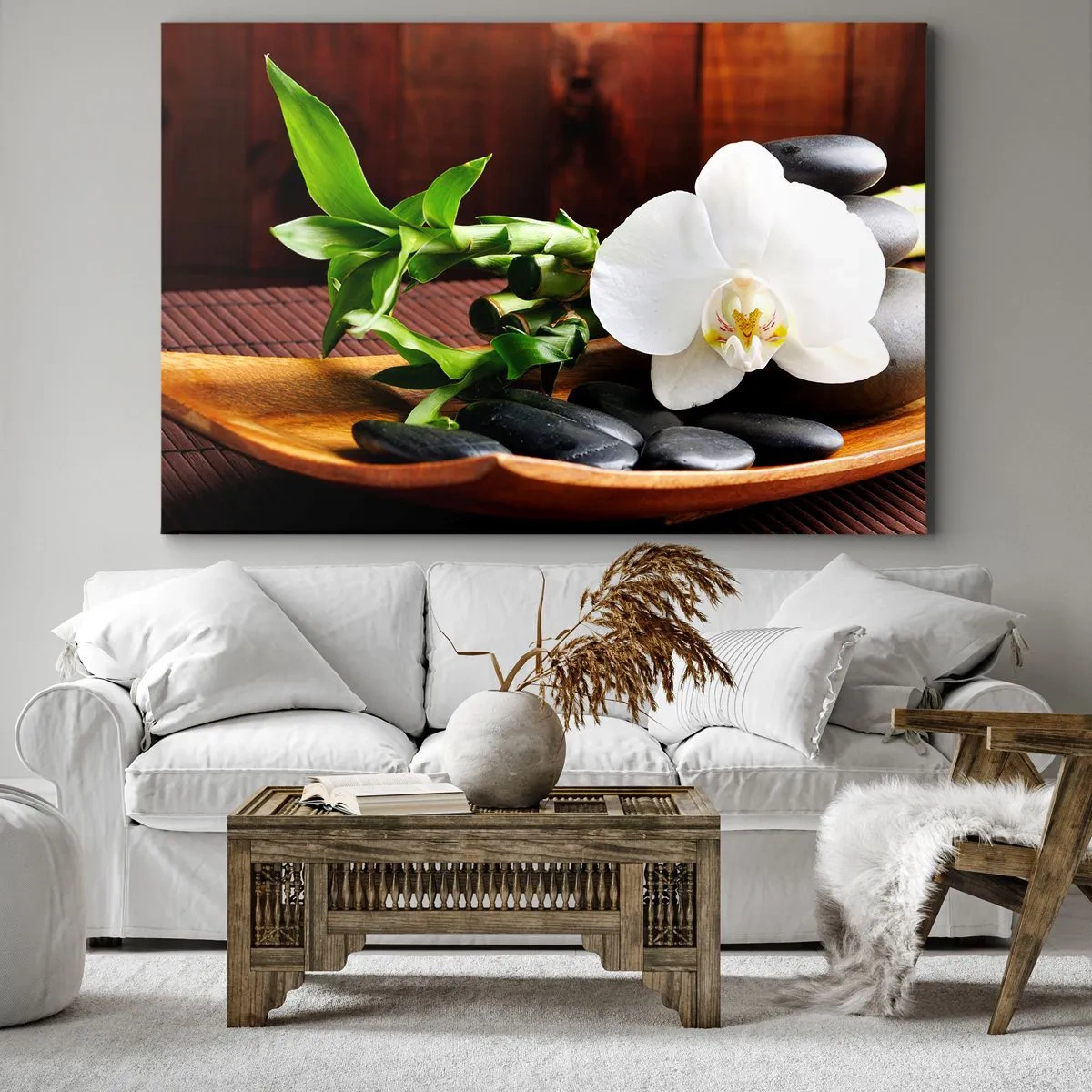 Quadro su tela - Stampe su Tela - Orchidea bianca con bambù su sfondo di pietra in stile Zen - 70x50cm - Lasciati toccare dalla natura - Decorazione murale moderna per soggiorno e camera da letto ARTTOR