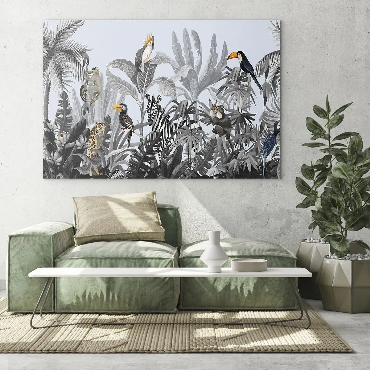 Quadro su vetro - Animali esotici in una giungla in bianco e nero su uno sfondo chiaro - 70x50cm - Favola africana - Decorazione murale moderna per soggiorno e camera da letto ARTTOR