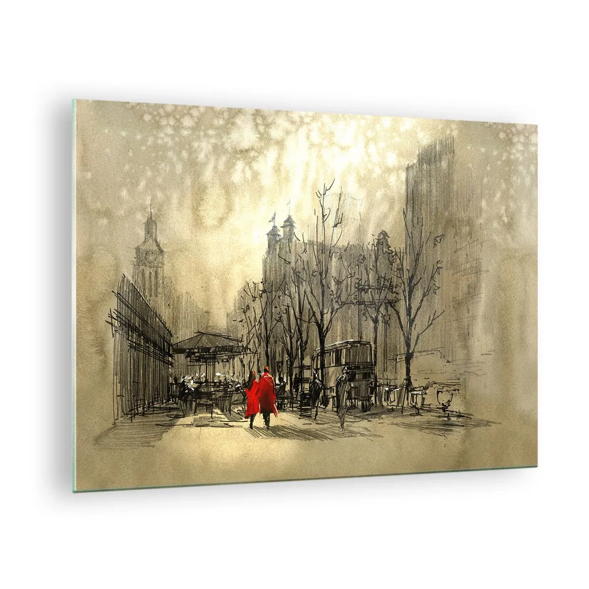 Quadro su vetro - Un appuntamento nella nebbia londinese con un tocco di cappotto rosso - 70x50cm - Appuntamento nella nebbia di Londra - Decorazione murale moderna per soggiorno e camera da letto ARTTOR