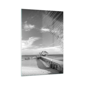 Quadro su vetro - Ripresa in bianco e nero di una spiaggia tropicale con un molo - 50x70cm - Un ricordo o un sogno? - Decorazione murale moderna per soggiorno e camera da letto ARTTOR