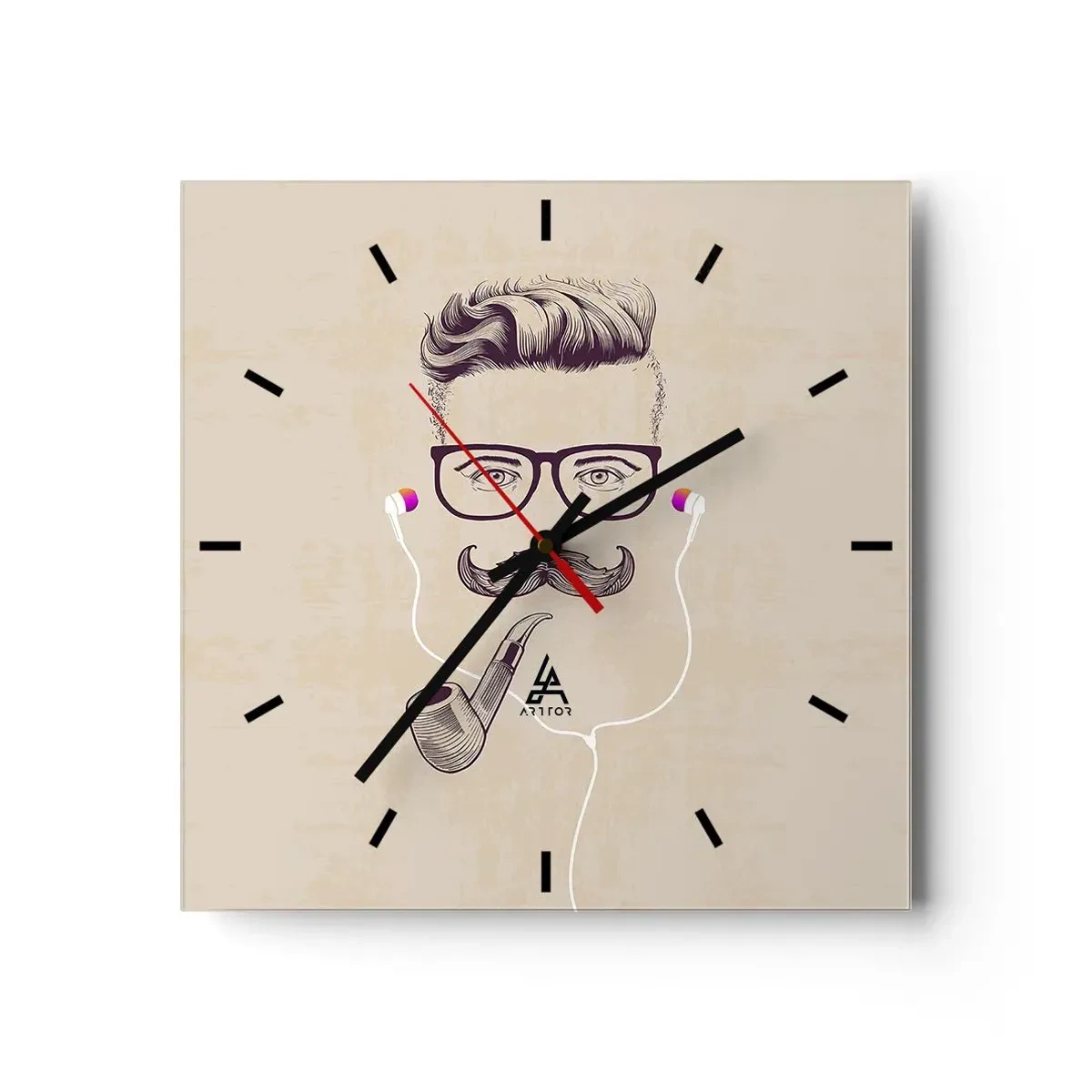 Orologio da parete - Orologio in Vetro - Ritratto retrò di un uomo con pipa, cuffie e occhiali - 30x30cm - Un vero uomo? - Decorazione murale moderna per soggiorno e camera da letto ARTTOR