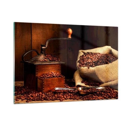 Quadro su vetro - Un vecchio macinacaffè con chicchi e un sacchetto di caffè - 120x80cm - Natura morta con chicchi di caffè e macinino - Decorazione murale moderna per soggiorno e camera da letto ARTTOR