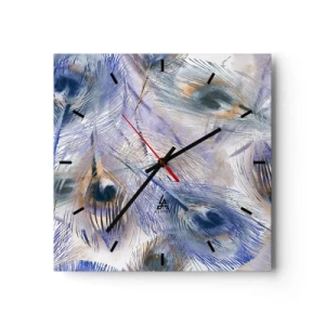 Orologio da parete - Orologio in Vetro - Un motivo con piume di pavone nei toni del blu e dell'oro - 30x30cm - Composizione a occhio di pavone - Decorazione murale moderna per soggiorno e camera da letto ARTTOR