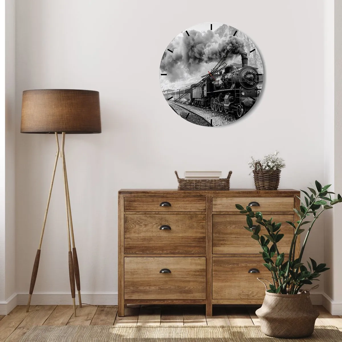 Orologio da parete - Orologio in Vetro - Una locomotiva a vapore bianca e nera con un camino fumante - 30x30cm - Ferma alla stazione... - Decorazione murale moderna per soggiorno, cucina e camera da letto ARTTOR