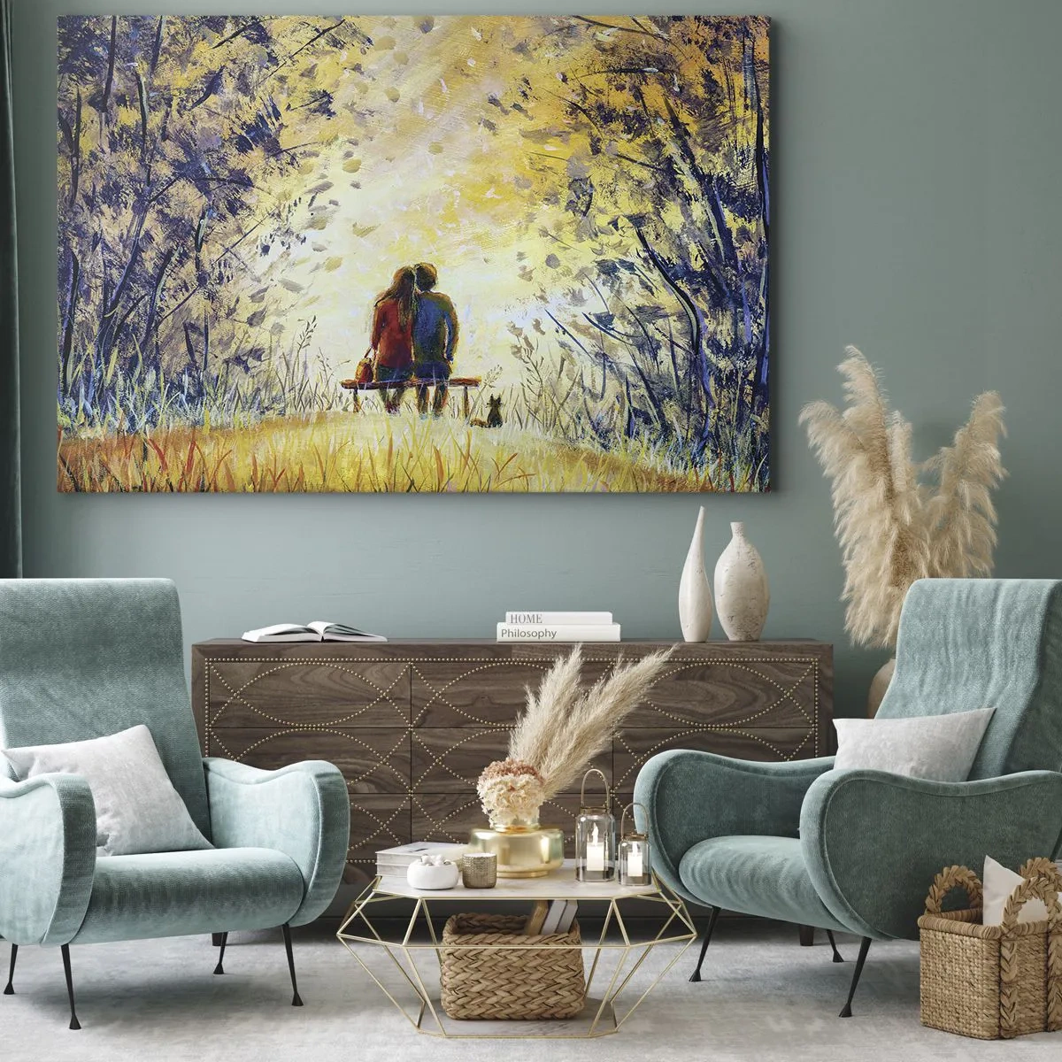 Quadro su tela - Stampe su Tela - Una coppia seduta su una panchina tra gli alberi autunnali alla luce del sole - 120x80cm - Attimo magico - Decorazione murale moderna per soggiorno e camera da letto ARTTOR