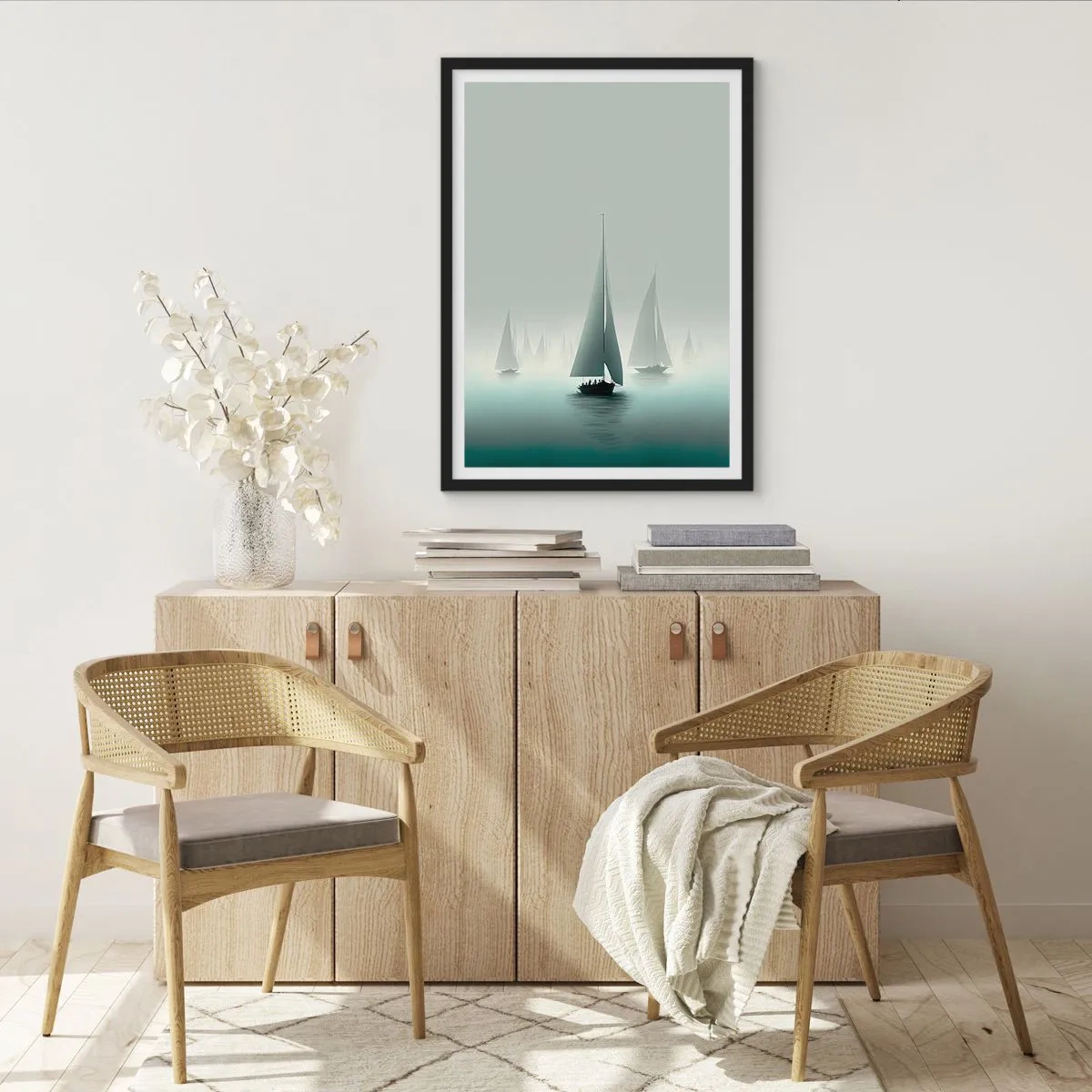 Poster in cornice nera - Un gruppo di barche a vela naviga su un mare nebbioso, circondato da acque calme. - 50x70cm - Fatte di nebbia - Decorazione murale moderna per soggiorno e camera da letto ARTTOR