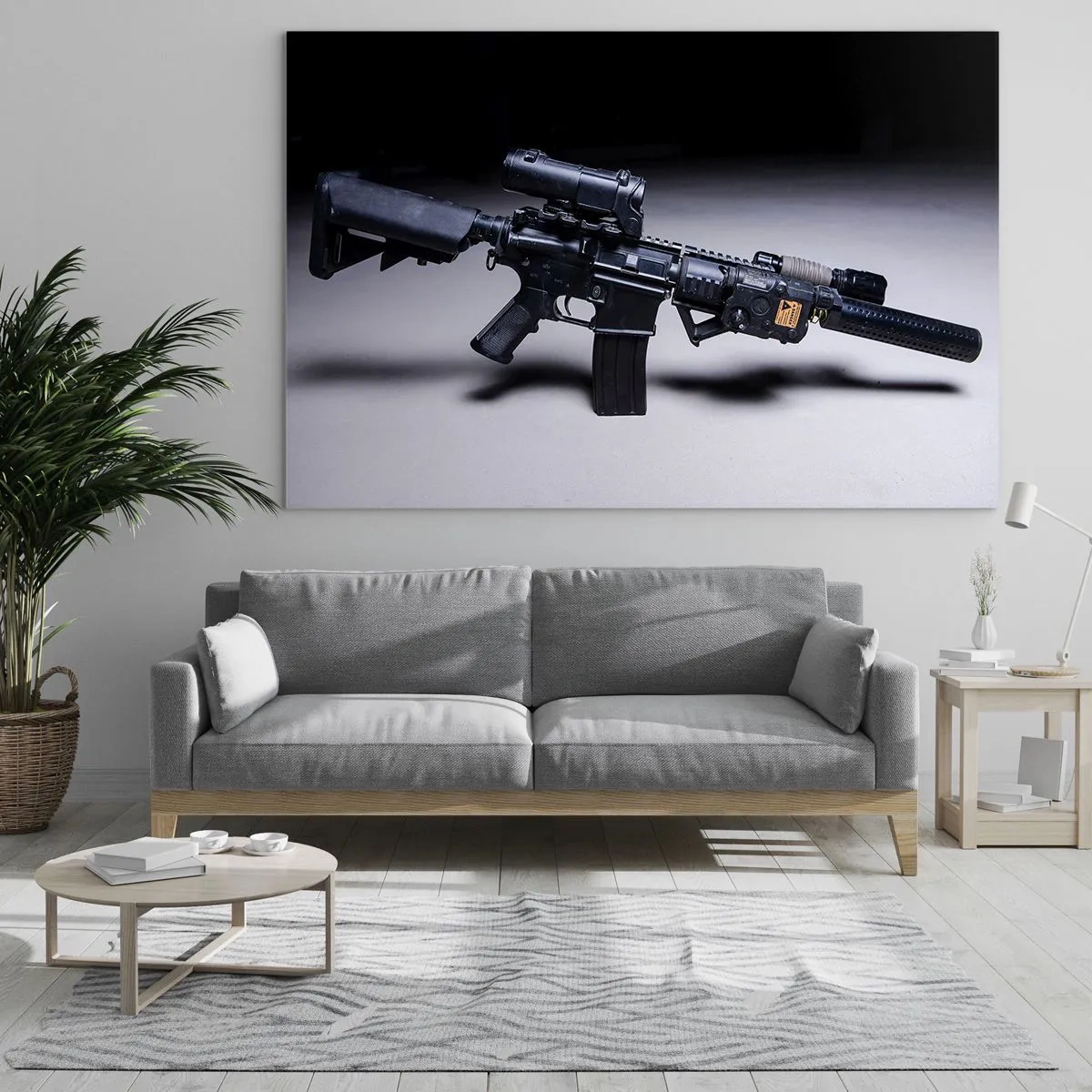 Quadro su vetro - Un fucile d'assalto nero con accessori adagiato su uno sfondo chiaro - 100x70cm - l cavaliere oscuro - Decorazione murale moderna per soggiorno e camera da letto ARTTOR