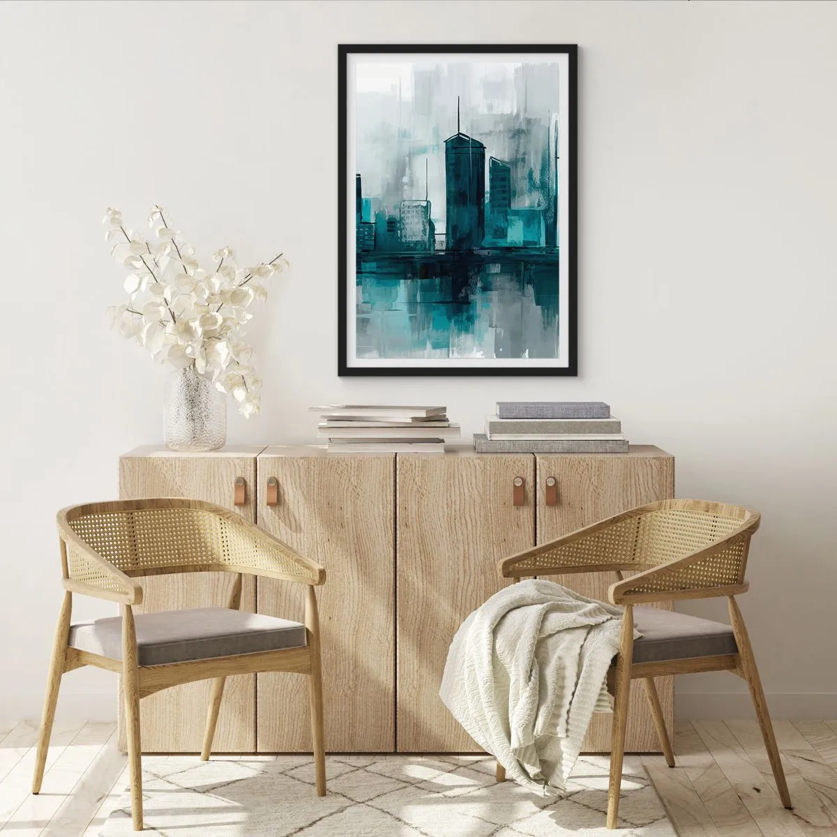 Poster in cornice nera - Un panorama urbano moderno nei toni del blu - 50x70cm - La città al colore della pioggia - Decorazione murale moderna per soggiorno e camera da letto ARTTOR