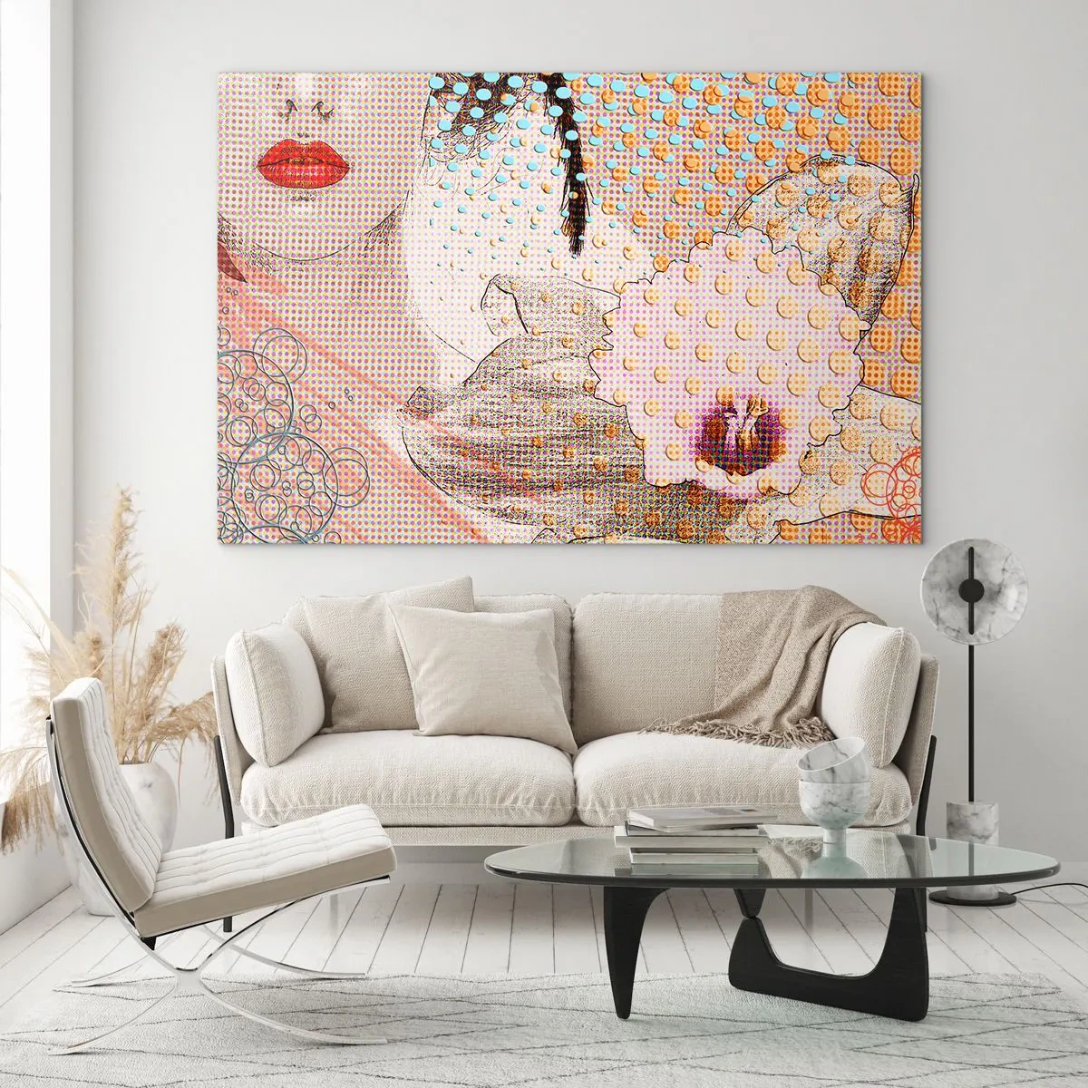 Quadro su vetro - Illustrazione di un ritratto di una donna con un fiore sullo sfondo in stile pop art - 70x50cm - Eroina dei fumetti - Decorazione murale moderna per soggiorno e camera da letto ARTTOR